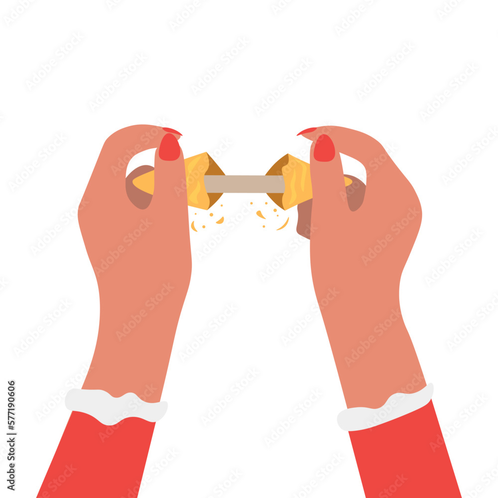 Female hands breaking fortune cookie on white background