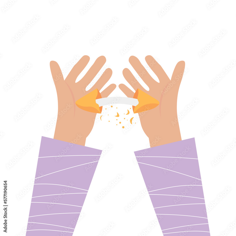 Human hands breaking fortune cookie on white background