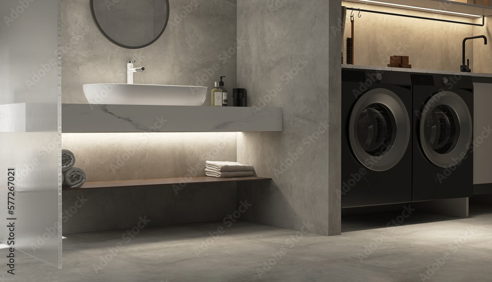 Modern loft bathroom, polished concrete wall, floor, white marble vanity counter, washbasin, reeded 