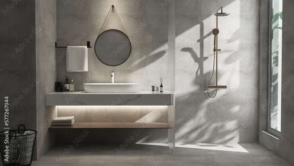 Modern loft bathroom, polished concrete wall, floor, white marble vanity counter, washbasin, shower 