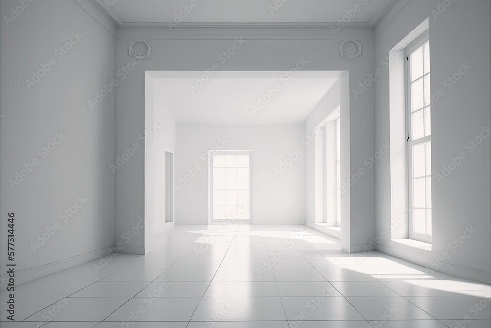 Large empty hall, hallway, corridor, gallery, room with solid white walls, floor and ceiling. Genera