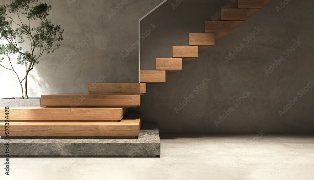 Modern, elegant L shape wood cantilever stair with black granite base staircase, tempered glass pane