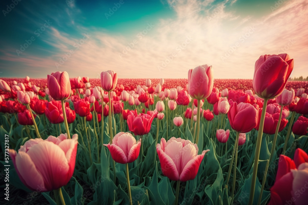 A field of red tulips blooming, spring flowers, Generative AI