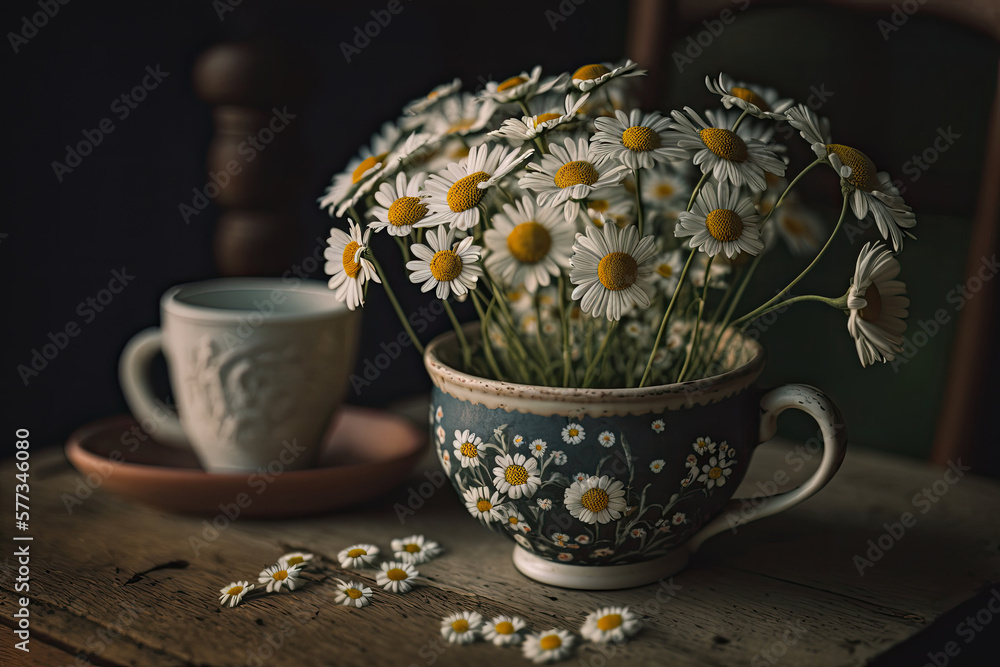 Chamomile flowers in cup. Illustration AI Generative