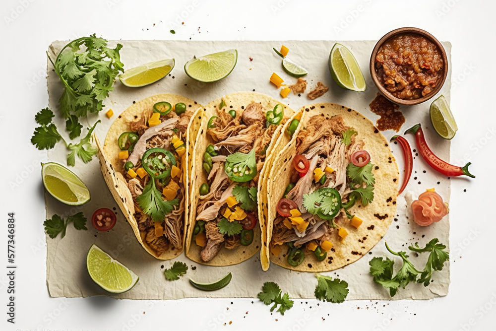 Mexican pork carnitas tacos. Illustration AI Generative