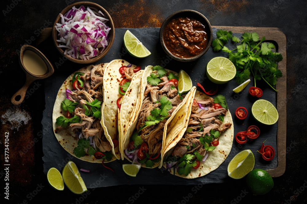 Mexican pork carnitas tacos. Illustration AI Generative