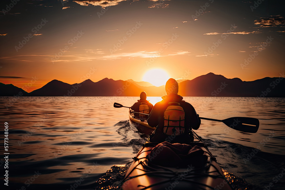 People kayak during sunset Illustration AI Generative