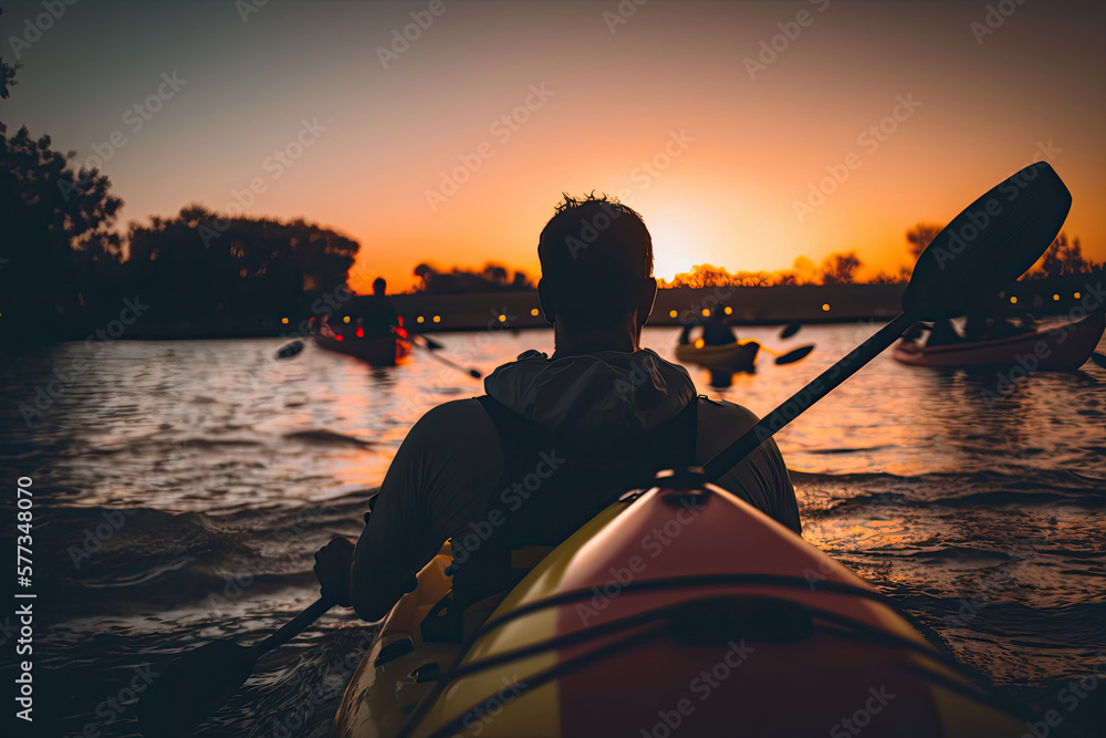 People kayak during sunset Illustration AI Generative