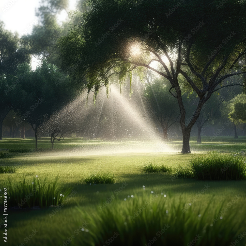 Sprinkler in Park Spraying Water on Lush Green Grass. Illustration AI Generative