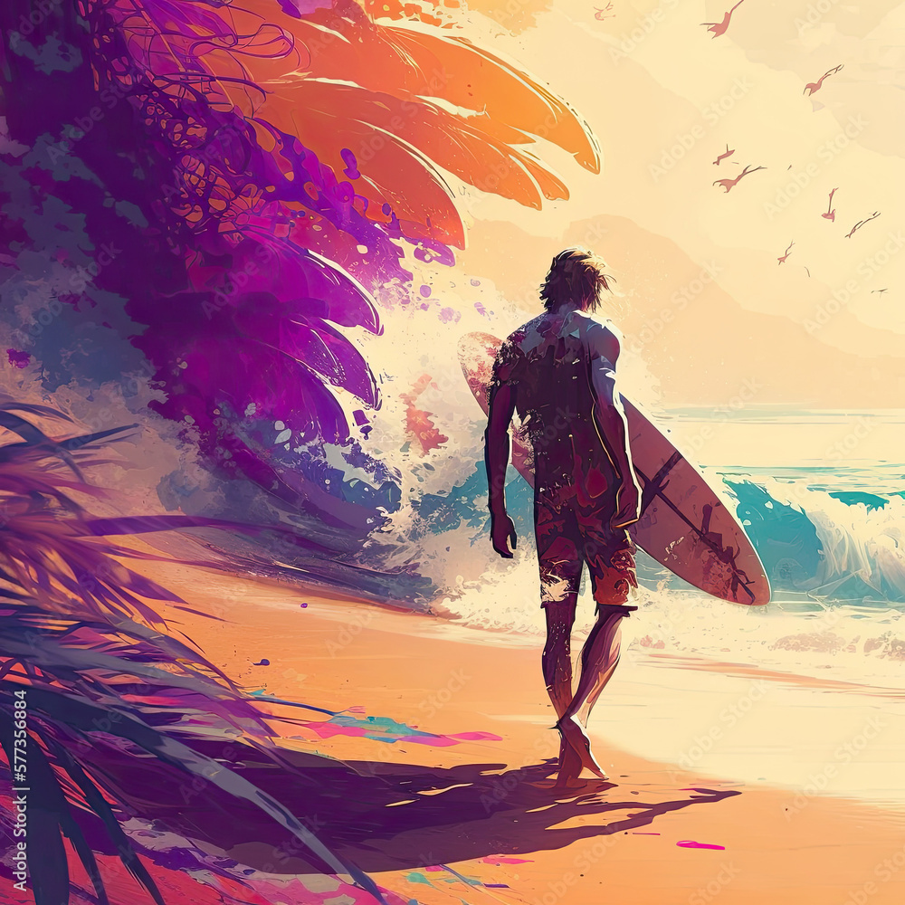 Surfer on the beach. Illustration AI Generative