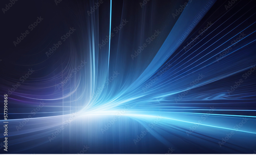 Beautiful abstract futuristic dark background with with many lines neon blue glow. AI generated.