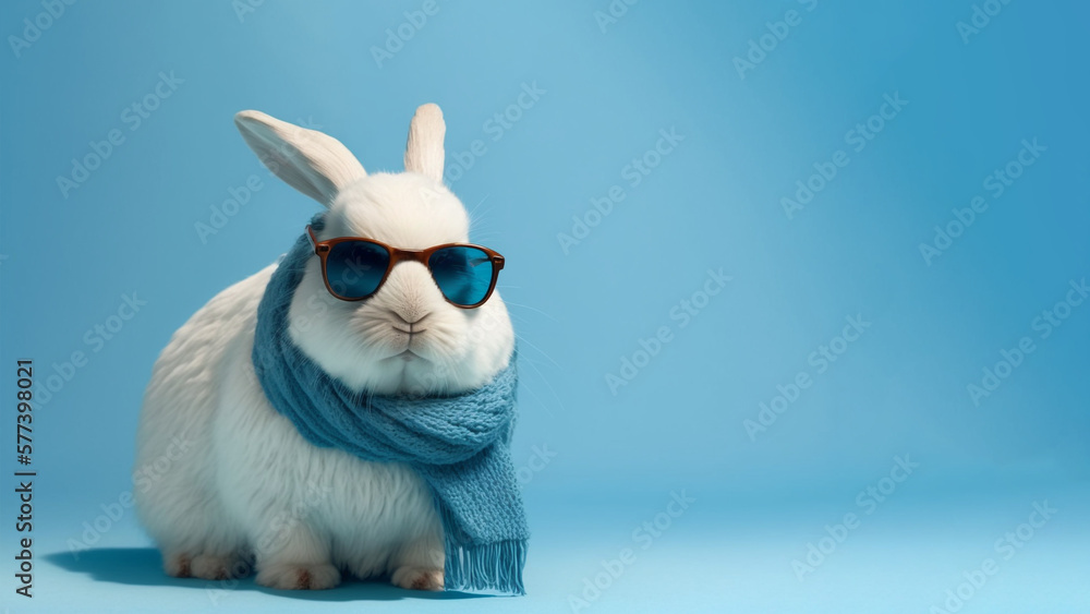 A cute white easter bunny wearing a scarf and sunglass, blue background with copy space, Generative 