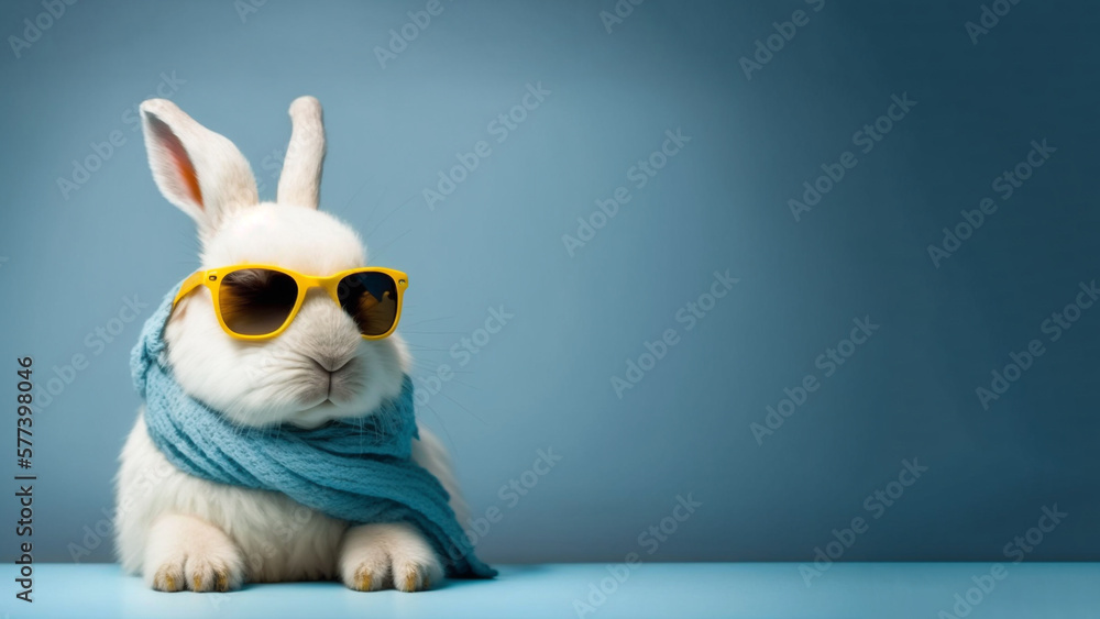 A cute white easter bunny wearing a scarf and sunglass, blue background with copy space, Generative 