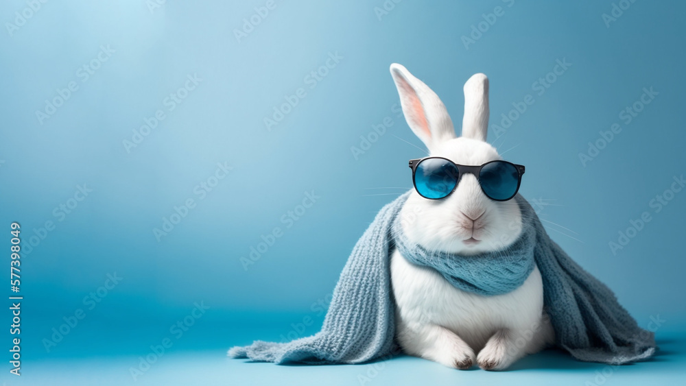 A cute white easter bunny wearing a scarf and sunglass, blue background with copy space, Generative 