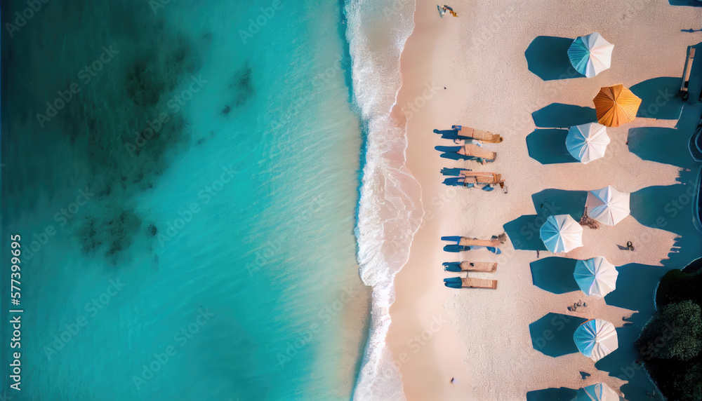 Top view of the ocean and sand. Generative AI