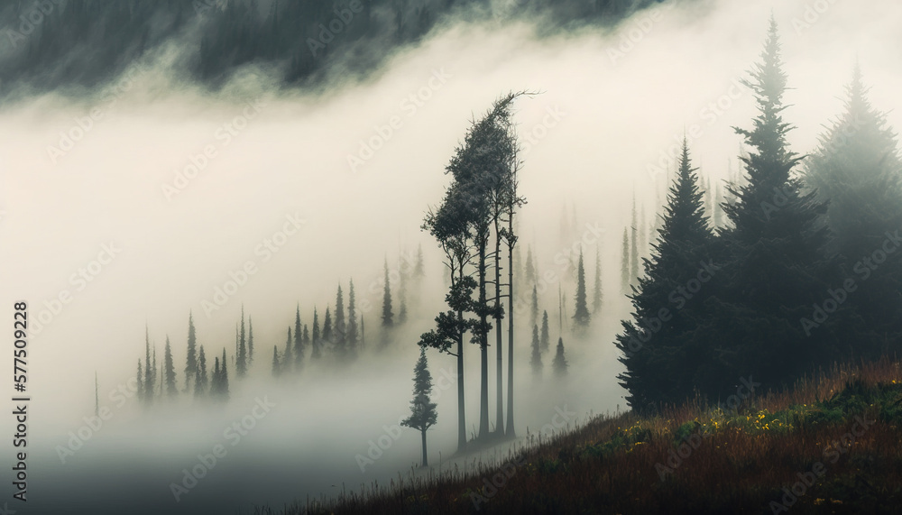 Natural background - Find Peace and Tranquility in the Moody Silence of a Foggy Spring Forest - ai g