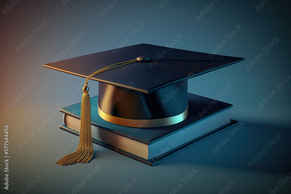 Graduation cap with books. Illustration AI Generative