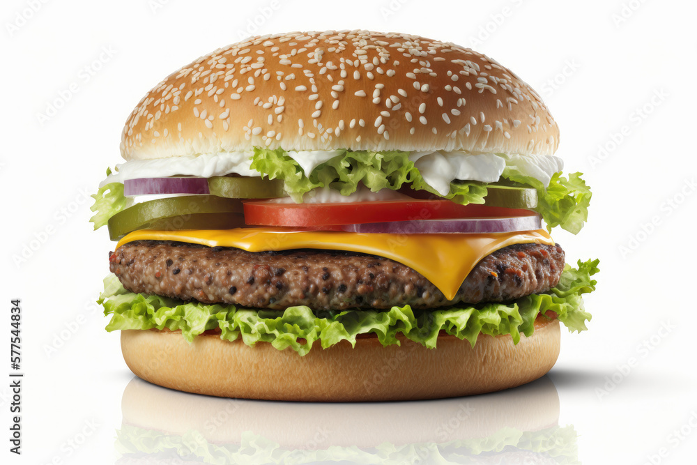 Burger isolated on white background.  Illustration AI Generative