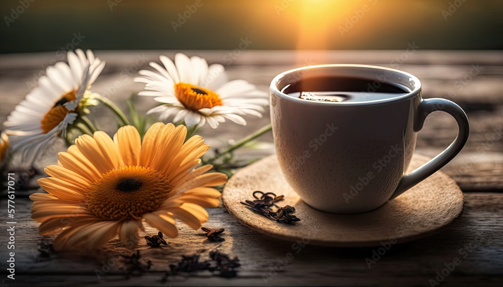 Coffee in cup on wooden table with flowers in spring season, calm and relax coffee, hot beverage, Mo