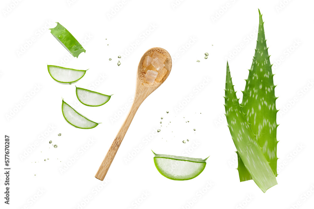 Leaves, pulp on wooden sppon and slices of medicinal pure aloe vera plant with flying drops isolated