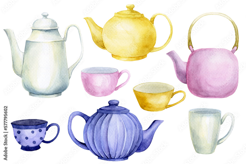 watercolor drawing, set of teapots and cups. cute vintage teapots and mugs for tea