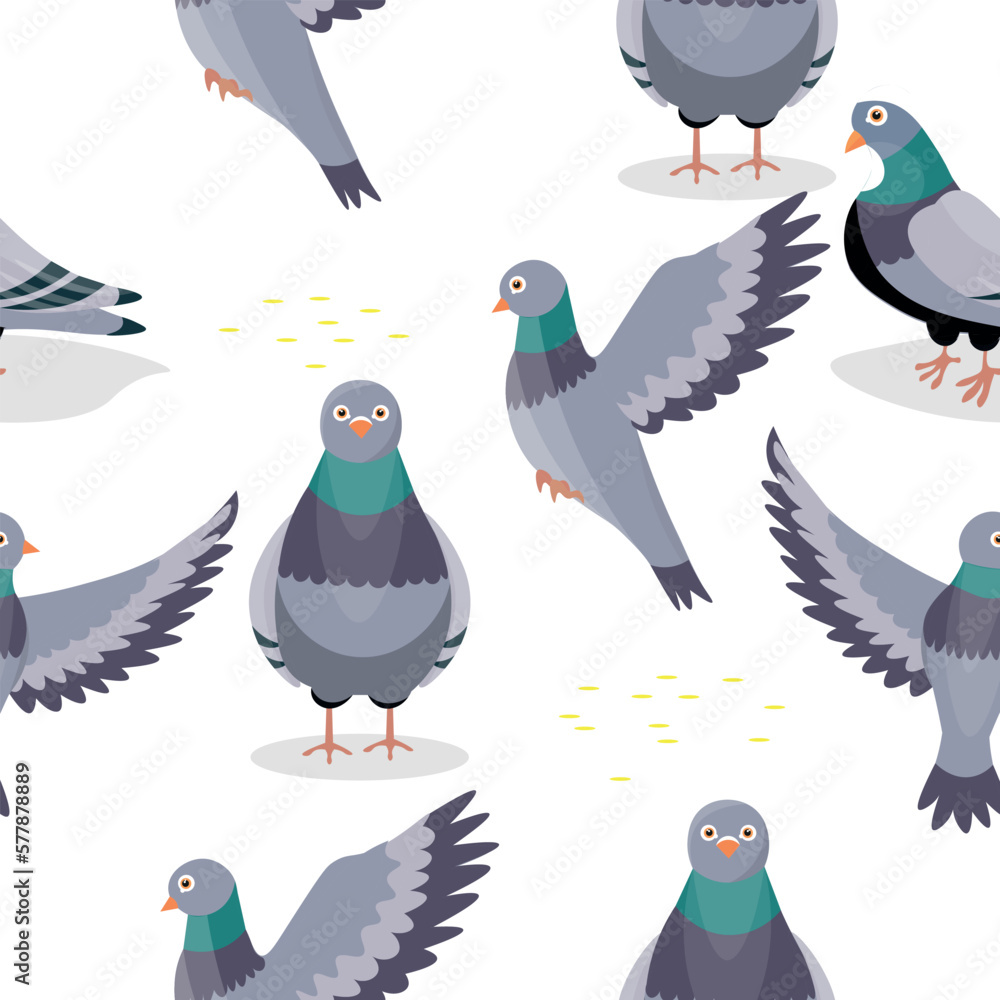 Many grey pigeons on white background. Seamless pattern for design