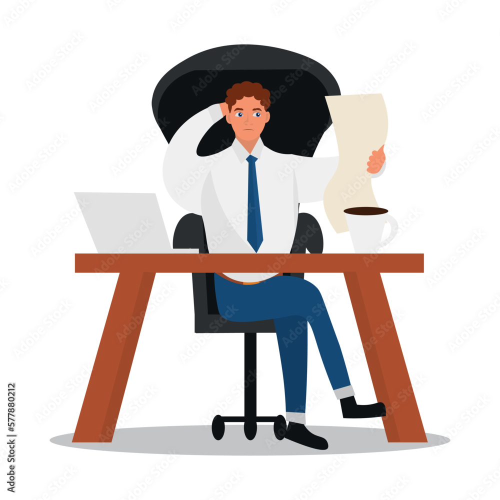 Busy young businessman with document sitting at workplace against white background