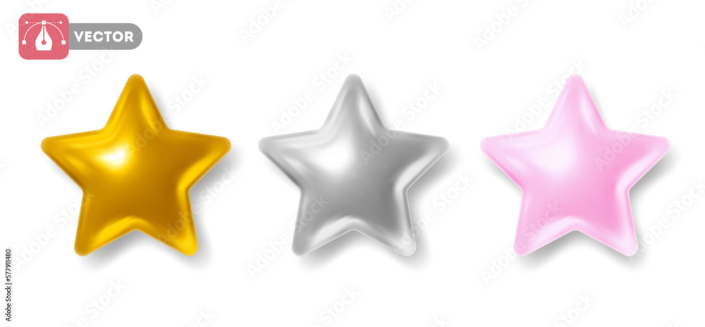 Set of 3d stars glossy golden, silver and pink colors. Rating feedback concept from the users or cli