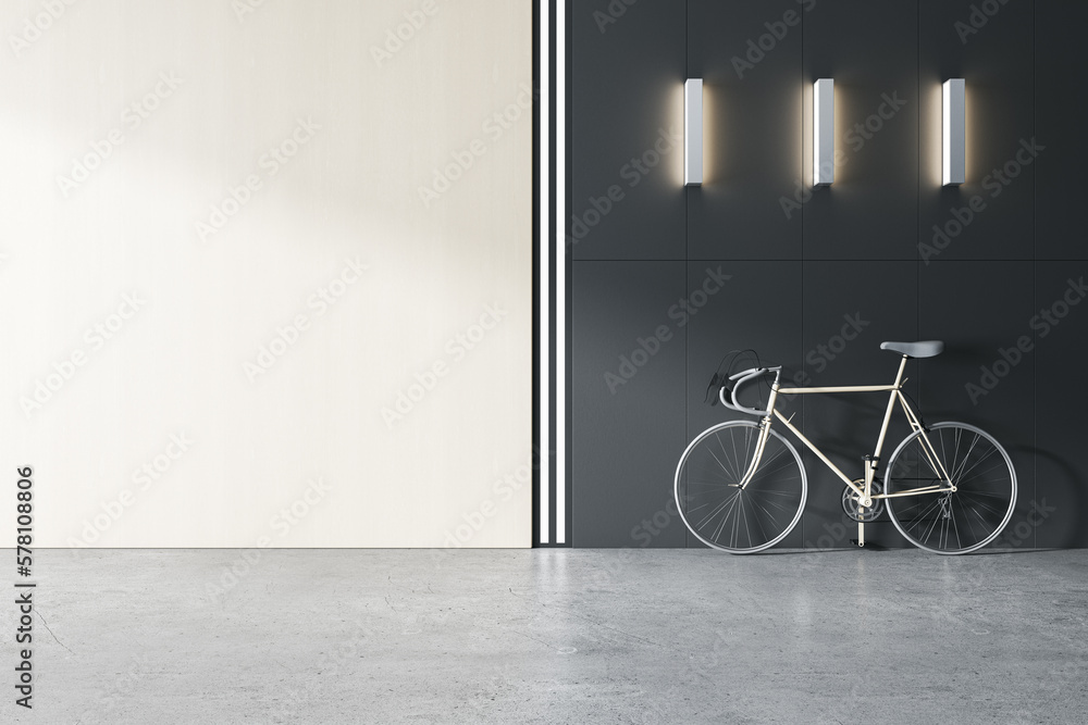 Modern interior with empty mock up place on wall, bike and lamps. Design and loft decor concept. 3D 