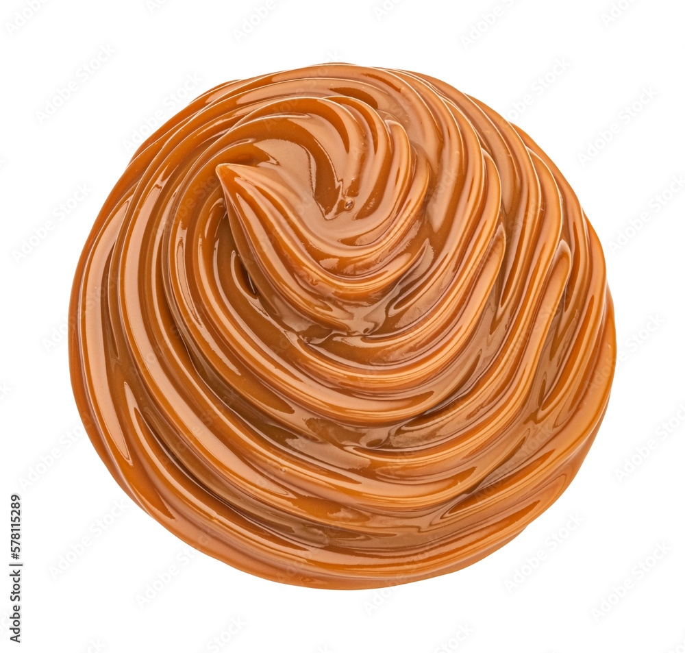 Melted caramel cream swirl isolated on white background, top view