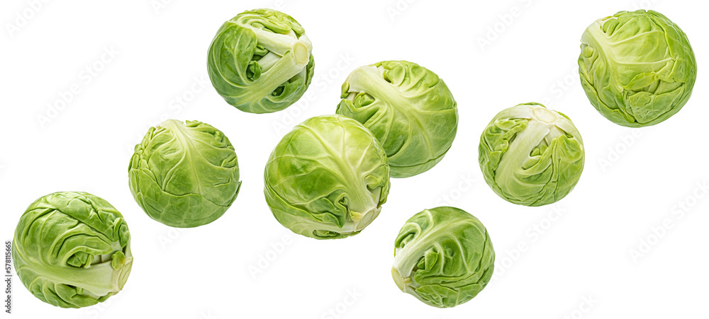 Falling brussels sprouts isolated on white background