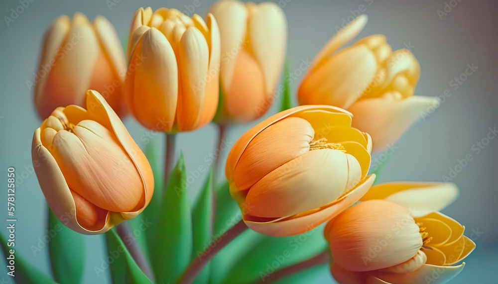 Bouquet of yellow tulips on pastel background. Generative AI