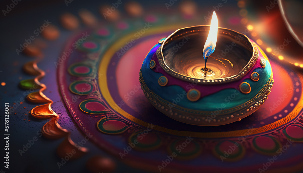 Diya lit lamps on rangoli. Diwali celebration concept. Generative AI