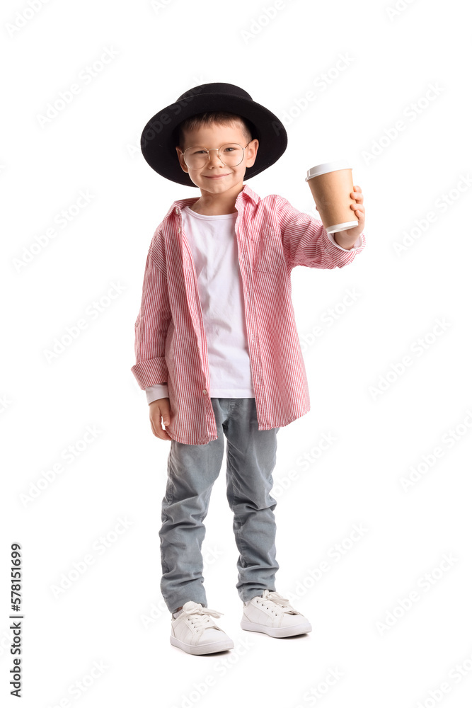 Cute little stylist with cup of coffee on white background