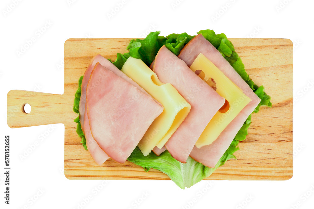 Board with slices of tasty ham, lettuce and cheese isolated on white background