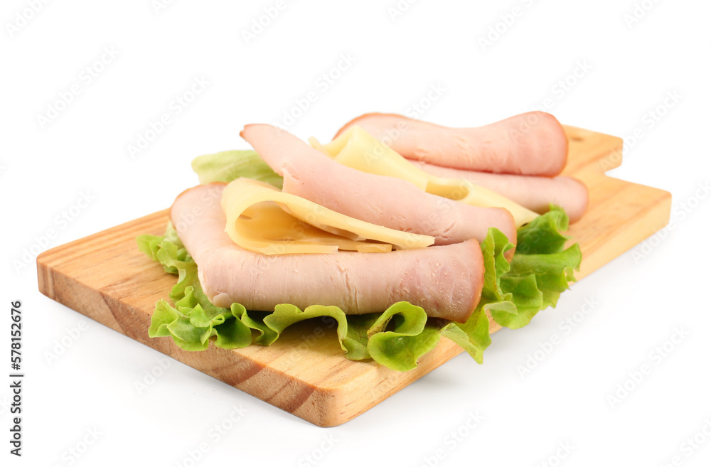 Board with slices of tasty ham, lettuce and cheese isolated on white background