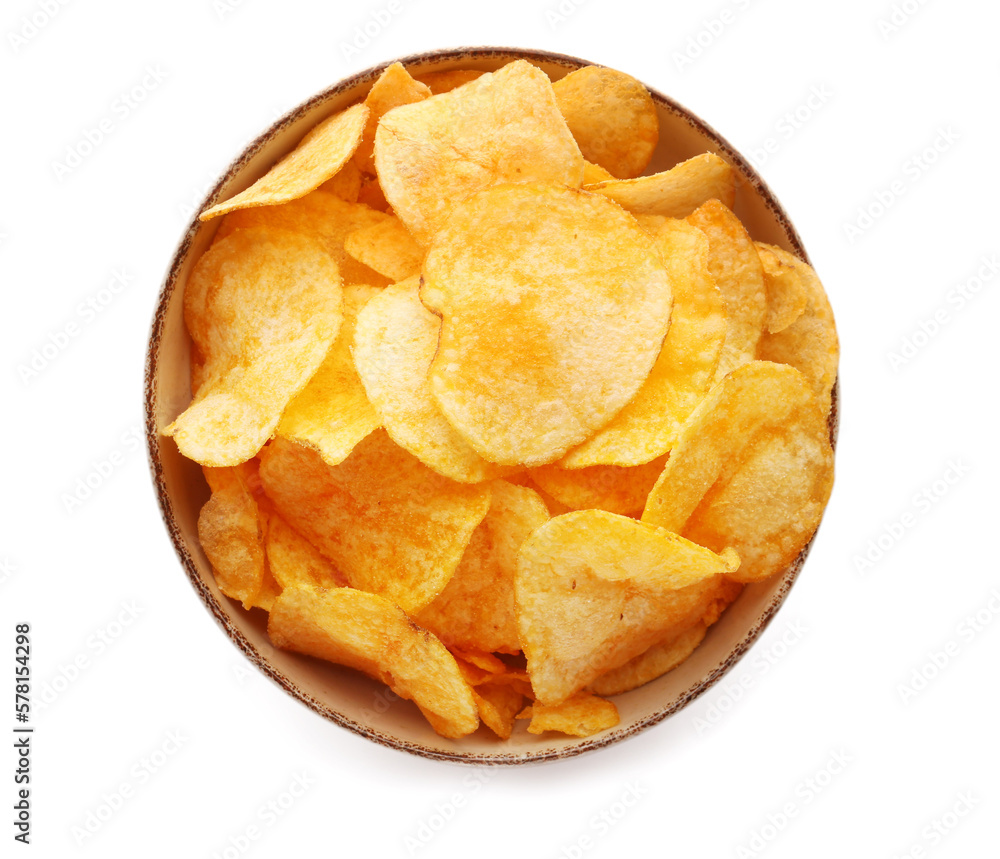 Bowl with delicious potato chips isolated on white background