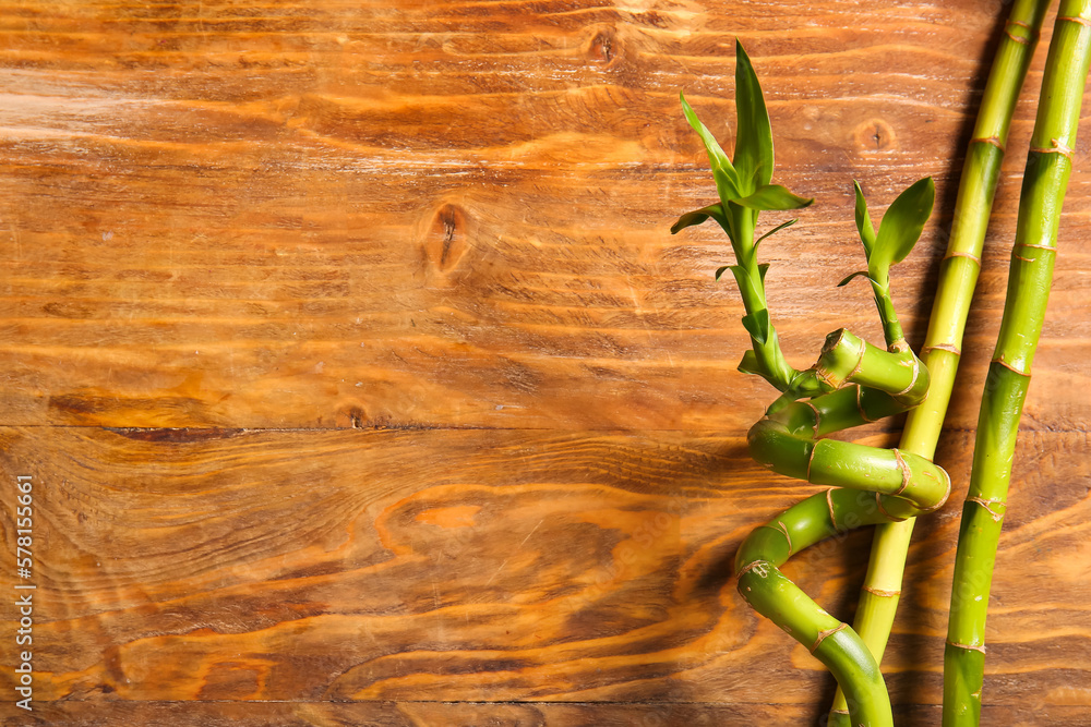 Bamboo branches on wooden background