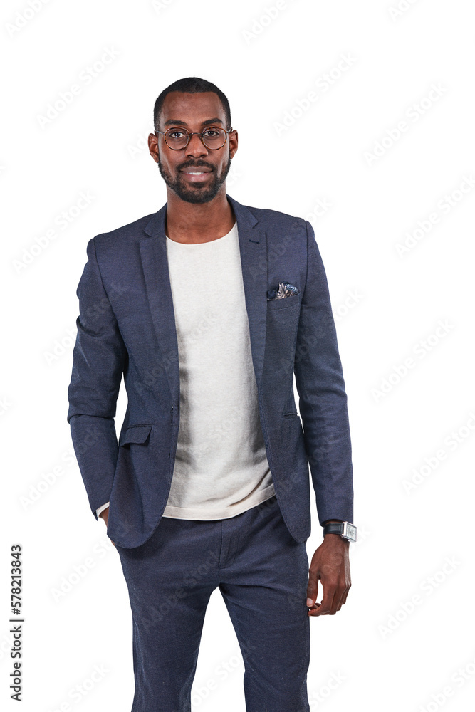 A stylish and handsome black man, donning a fashionable suit and sporting vision glasses, contemplat