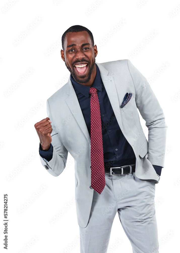 A happy corporate worker is seen smiling and demonstrating a winners hand gesture, along with a pos