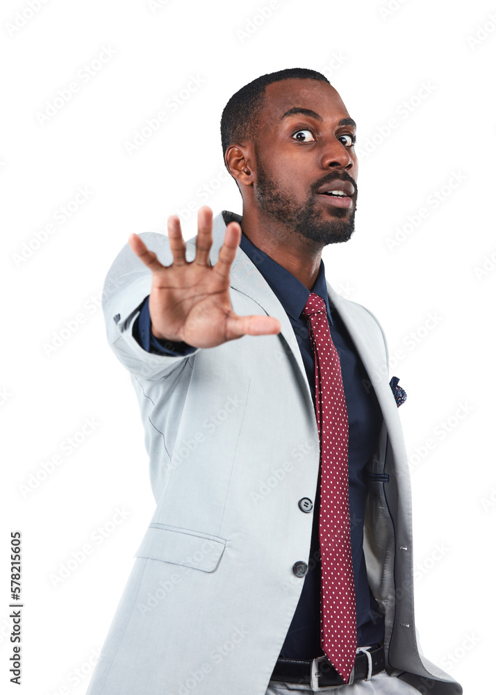 The black businessman or executive is shown expressing anxiety and stress while holding up a  stop  