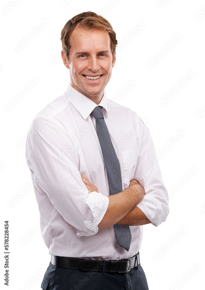 A lead manager or a happy businessman stands confidently with arms crossed, projecting an optimistic