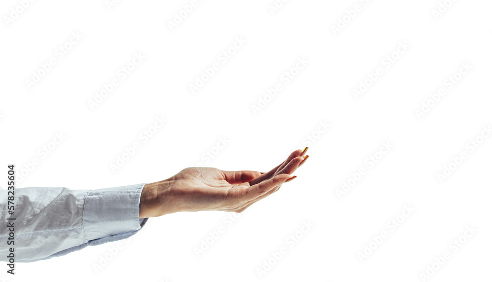 Unrecognizable businesswoman holding out her hand on a transparent background