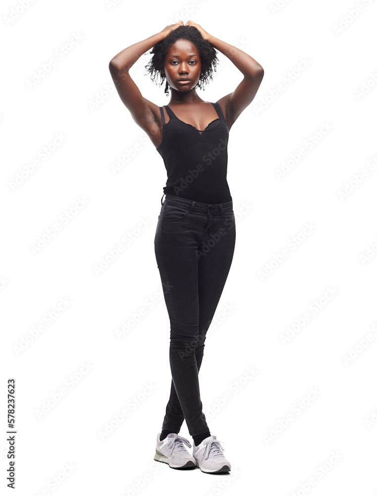 The African black woman strikes a confident and natural pose in her casual outfit, showcased beautif