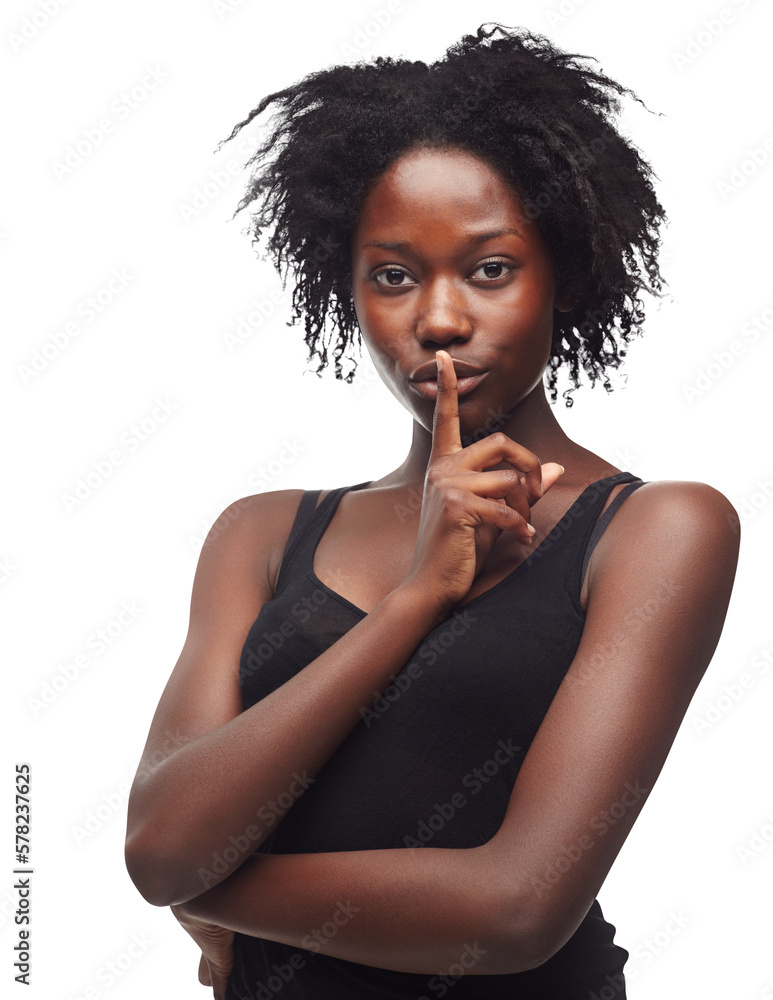 With a shhh gesture, the African black woman hints at her positive mindset and wellness secret for a