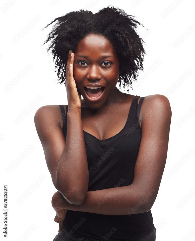 The black female beauty model seems surprised and awe while posing convey’s a mix of both happiness 