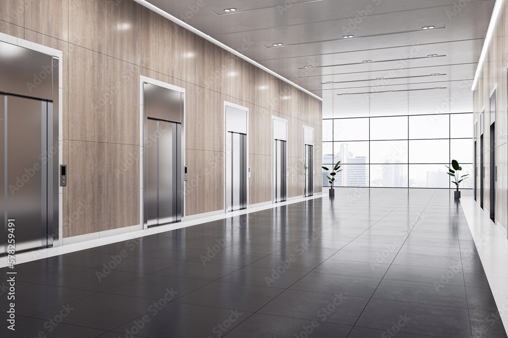 Perspective view on modern blank business center corridor area with wooden wall and place for produc