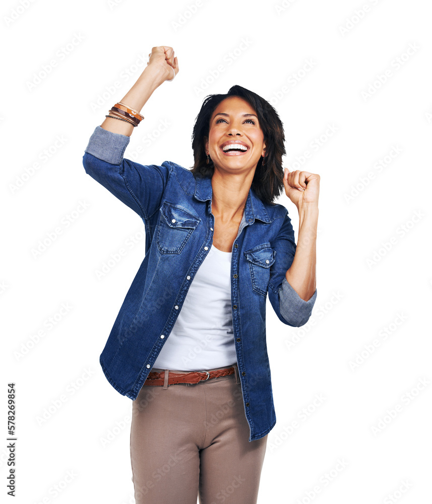 A jubilant woman expresses her excitement and celebrates a well-earned victory, the fulfillment of a