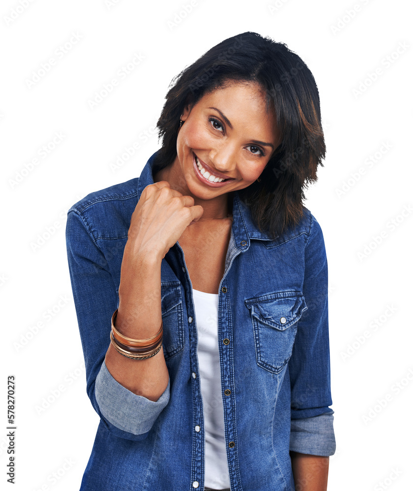 A fashionable black woman strikes an attractive pose while wearing denim clothing and promoting a sp