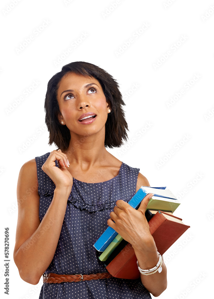 A woman standing while engrossed in deep thought reading books to acquire academic knowledge, studyi